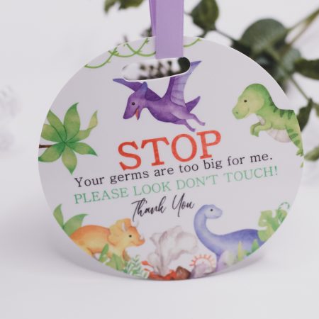 Pram Plaque, STOP your germs are too big for me - Dinosaurs Keep your baby safer with there Stop your germs are too big for me signs. Our pram plaques & birth announcement discs are handmade by us and our materials are all sourced within Australia. Made from quality 10cm round and 3mm thick Acrylic. We have added a gorgeous matte ribbon, making it easy to tie onto your pram.  We digitally designed each disc and our designs are exclusive to us. Quality Australian handmade Sourcing and supporting other small businesses in Australia Our prints will not rub off peel or transfer. This Product is not a toy and should be kept out of reach of children as well as the ribbon that is attached.