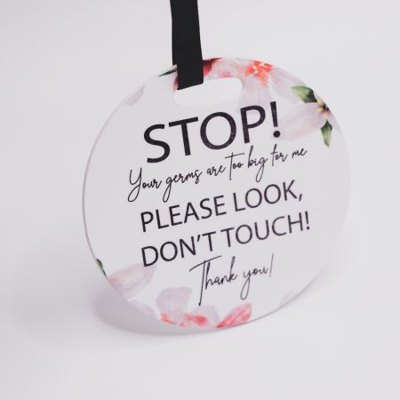 Pram Plaque, STOP your germs are too big for me - Flowers Keep your baby safer with there Stop your germs are too big for me signs. Our pram plaques & birth announcement discs are handmade by us and our materials are all sourced within Australia. Made from quality 10cm round and 3mm thick Acrylic. We have added a gorgeous matte ribbon, making it easy to tie onto your pram.  We digitally designed each disc and our designs are exclusive to us. Quality Australian handmade Sourcing and supporting other small businesses in Australia Our prints will not rub off peel or transfer. This Product is not a toy and should be kept out of reach of children as well as the ribbon that is attached.