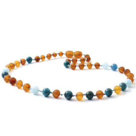 Amber Necklace Cognac Raw, Apatite and Aquamarine | Baby 32cm