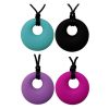 Silicone Sensory Necklace Round Pendant Sensory necklaces are great for kids ages 3+. Great for adults too. Discreet and can be worn under tee-shirts at school, in times of stress, anxiety or restlessness our sensory necklaces are there to help. Our pendant necklaces come fitted with a safety break away clasp like all our silicone jewellery. Our round pendants are currently available in Black, Turquoise, Hot Pink and Purple. Easy adjustable length from child to adult. Pendant Size: 5cm x 1cm thickness. Cord length is approx. 70-75cm. Can easily be shortened by tying a new knot and cutting the excess.