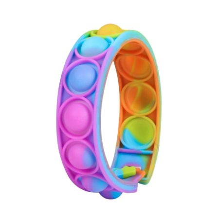 Pop It Bracelet Band - Fidget Toy This wearable Pop It Wristband is great for stress relief, fun and easy to use. We have these in a marble rainbow colour of blues, hot pinks yellows and orange. Pop it around your wrist, tread though the hole at the opposite end and then the small hole at the same end to secure the loop.