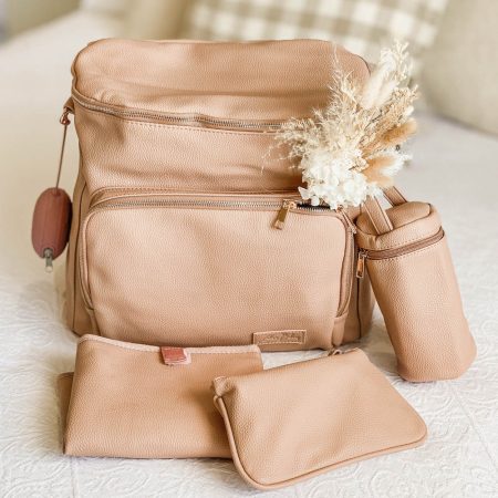 Nappy Bag backpack with usb port Pink faux leather brown tan best Australian warranty