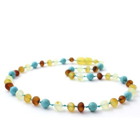 Amber Necklace Multi amber raw and Turquoise Baby 32cm Our Amber necklaces imported directly from Lithuania, the home of Baltic Amber and the Baltic Sea, where they are beautiful handmade. Baltic Amber necklaces help with teething symptoms as well as looking great.