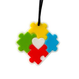 Puzzle Pendant Silicone Sensory Necklace Sensory necklaces are great for kids ages 3+. Discreet and can be worn under tee-shirts at school, in times of stress, anxiety or restlessness our sensory necklaces are there to help. Our block pendant necklaces come fitted with a safety break away clasp like all our silicone jewellery. Silicone Material. Help with stress, anxiety or restlessness. Safety Break Away clasp. Can be worn at school.