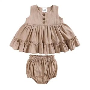 Linen Ruffle Dress Set - Beautiful Beige Our adorable baby linen ruffle dress ser
