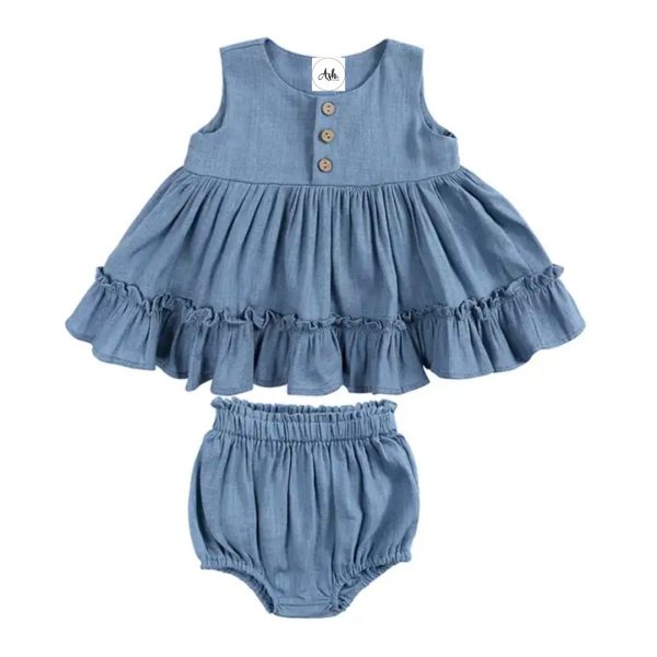 Linen Ruffle Dress Set - Blue Our adorable baby linen ruffle dress ser