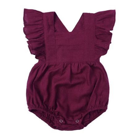 Linen Ruffle Romper - wine red purple Our adorable baby linen ruffle romper