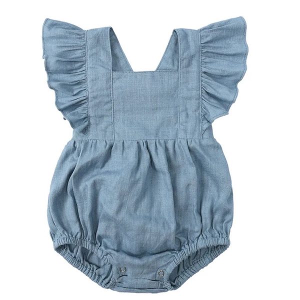 Linen Ruffle Romper - Blue Our adorable baby linen ruffle romper