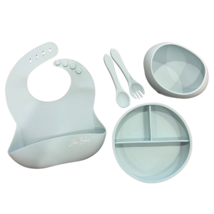 silicone Feeding set - Silicone suction bowl, silicone suction plate, fork, spoon cutlery set and silicone scoop bib – 5pc Baby Tableware Set SAVE with this value silicone baby feeding set. Our large oval silicone suction bowl, matching suction plate with standard cutlery set and silicone bib.  Large oval design to help encourage self feeding. The curved design allows the matching spoon to be levelled, less mess! Paired with one of our silicone bibs for easy clean up! Strong silicone suction with an easy release tab, keeping food off the floor and in baby’s belly.