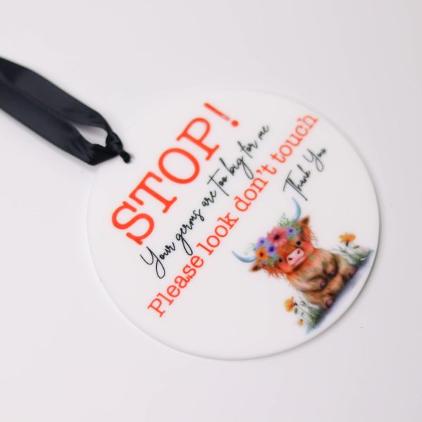 Pram Plaque, STOP your germs are too big for me - Highland Cow Keep your baby safer with these, stop your germs are too big for me plaques. Our pram plaques & birth announcement discs are handmade by us and our materials are all sourced within Australia.