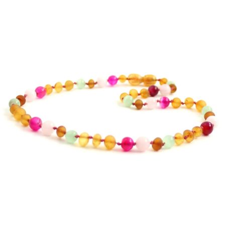 Amber Necklace Cognac Raw Cat Eye, Rose Quartz & Striped Agate | Baby 32cm Discover the natural comfort of our Amber Necklace, handcrafted with love in Lithuania—the home of authentic Baltic Amber. More than just a beautiful accessory, this necklace is a time-tested natural solution to help soothe teething discomfort in little ones.