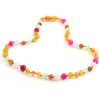 Amber Necklace Cognac Raw Cat Eye, Rose Quartz & Striped Agate | Baby 32cm Discover the natural comfort of our Amber Necklace, handcrafted with love in Lithuania—the home of authentic Baltic Amber. More than just a beautiful accessory, this necklace is a time-tested natural solution to help soothe teething discomfort in little ones.