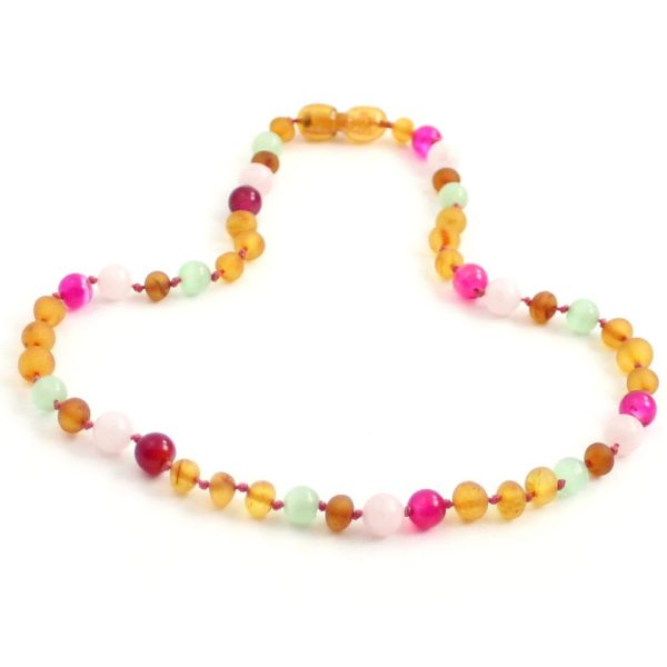 Amber Necklace Cognac Raw Cat Eye, Rose Quartz & Striped Agate | Baby 32cm Discover the natural comfort of our Amber Necklace, handcrafted with love in Lithuania—the home of authentic Baltic Amber. More than just a beautiful accessory, this necklace is a time-tested natural solution to help soothe teething discomfort in little ones.